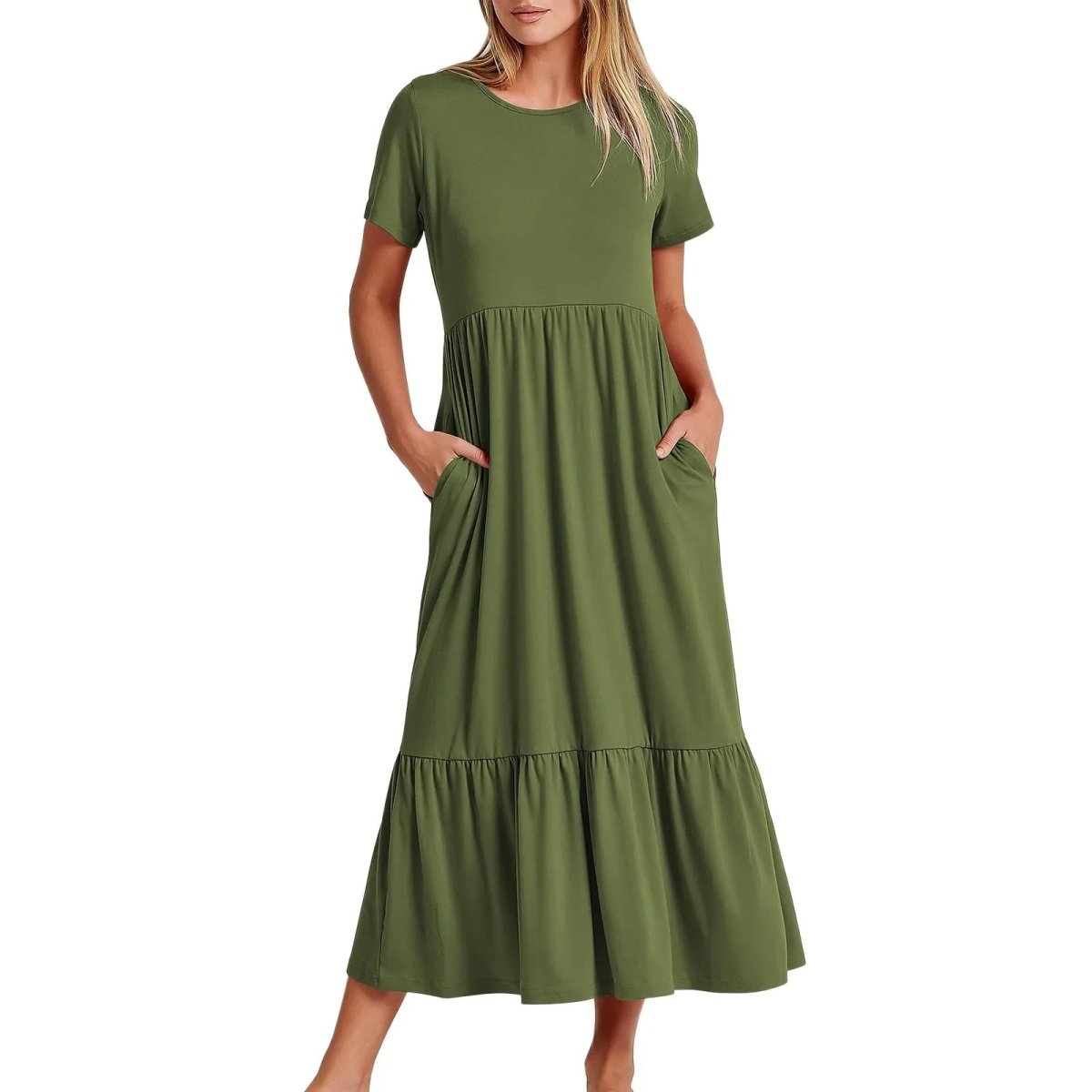 Erelindea | Luftiges mit Taschen Sommerkleid Armee grün Maxikleid - Helenas Welt